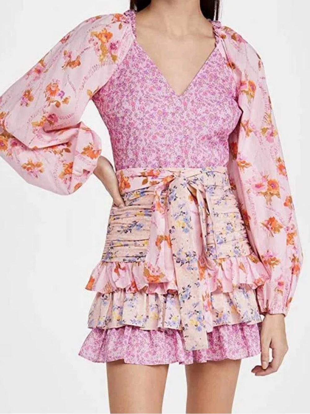 For Love Bell Floral Ruched Mini Dress Pink Lavender Long Sleeve Cottagecore